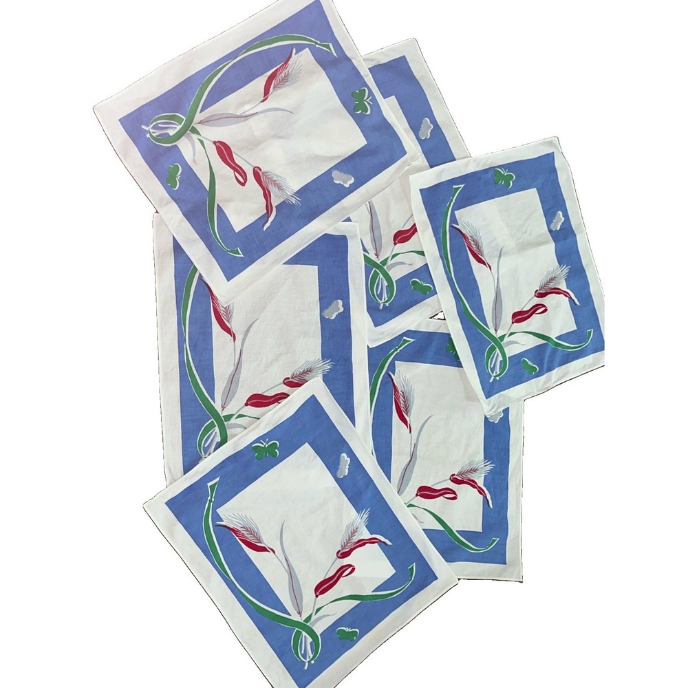 Vintage 50s Simtex 6 Placemats Butterflies Wheat Design Blue Border Vibrant